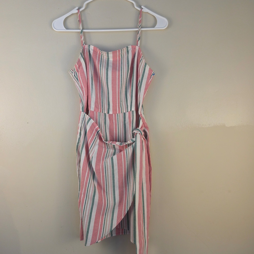 Womens Pink Green Striped Cami Wrap Mini Dress Size XS Adjustable Straps